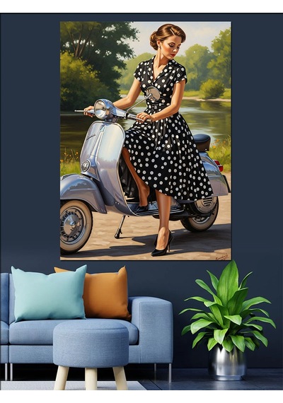 Ahşap Tablo Scooter Süren Siyah Beyaz Puantiye Elbiseli Vintage Kadın