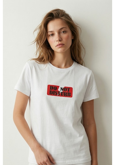 Elemge %100 Pamuk Pijama Üstü T-shirt Süprem Compact Penye Kadın Rahat Kalıp Beyaz Kısa Kol Do Not Disturb