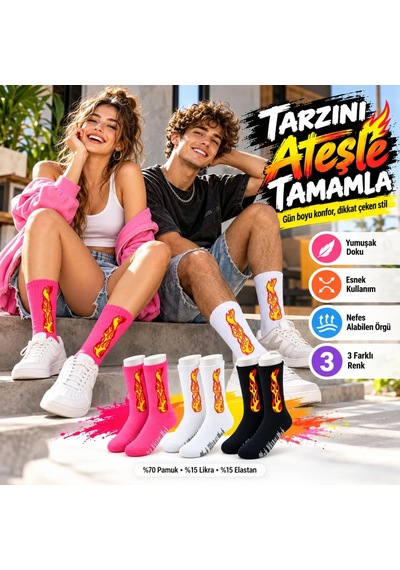 Teorastore Unisex Alev Desenli Çorap 3'lü Set Pamuklu Uzun Soket Dikişsiz Nefes Alan Günlük Spor Çorabı Yumuşak Çok Renkli