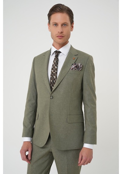 Efor Slim Fit Çift Yırtmaç Keten Karışımlı Yelekli Klasik Haki Takım Elbise Tk 914 Haki