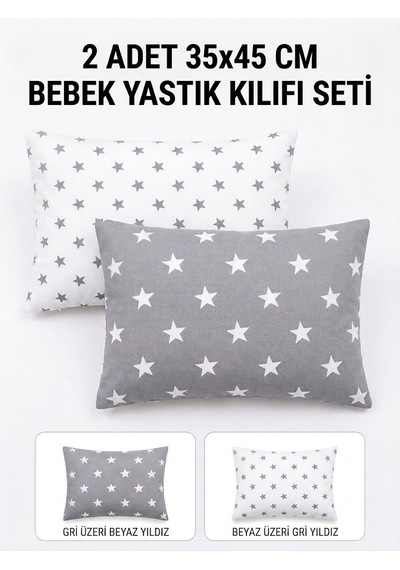 Pamuklu Bebek Yastık Kılıfı 2'li Set 35x45 Cm Gri Beyaz Yıldız Desenli Gri - Beyaz