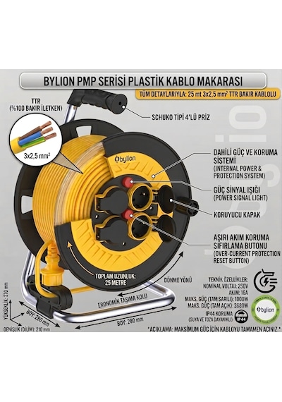 Pmp-25325-f Plastik Makara 25 M 3x2,5 Mm Ttr Kablo Kapaklı