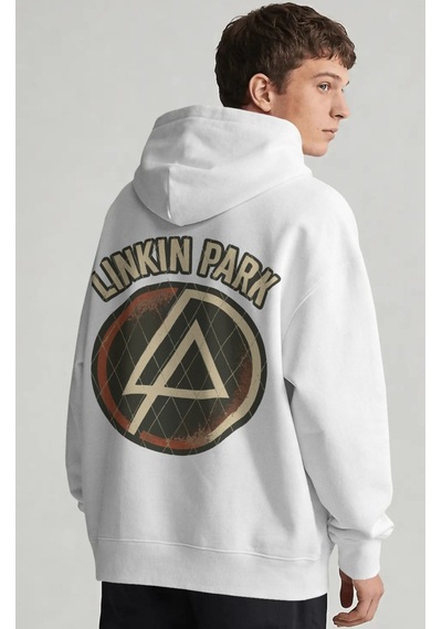 Sevbano Linkin Park Müzik Grubu Sırt Baskılı Unisex Oversize Penye Hoodie beyaz