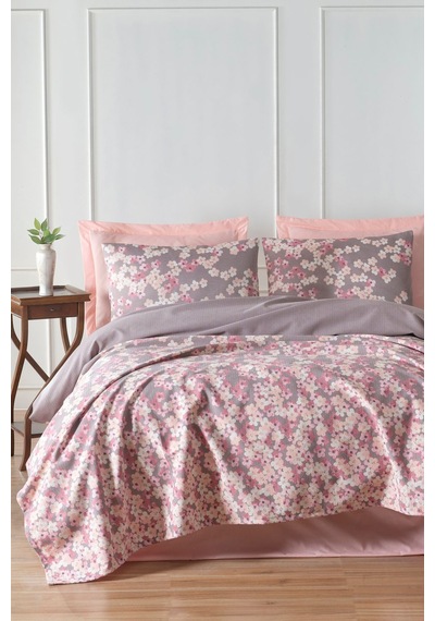 Baskılı Pike Takımı Çift Kişilik Piti Yaprak Mor Rose