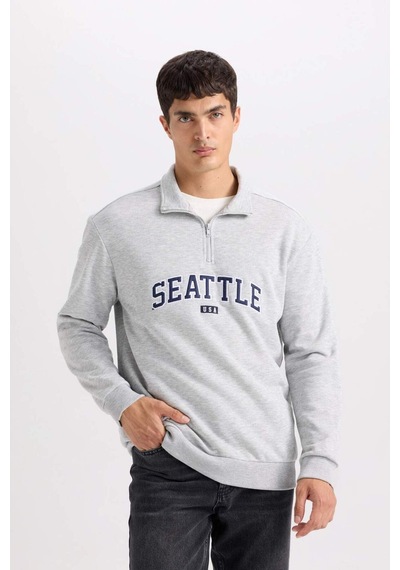 DeFacto Relax Fit Fermuarlı Dik Yaka Baskılı Kalın Sweatshirt D2168AX24AUGR389 Gri