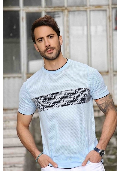 Ferraro Erkek Desenli Delikli Bisiklet Yaka Triko T Shirt - Mavi-Mavi