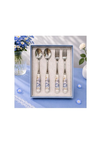 2 Kişilik 4'lü Porselen Pasta Tabağı Ve Kaşık Çatal Seti Bone Chi Çok Renkli