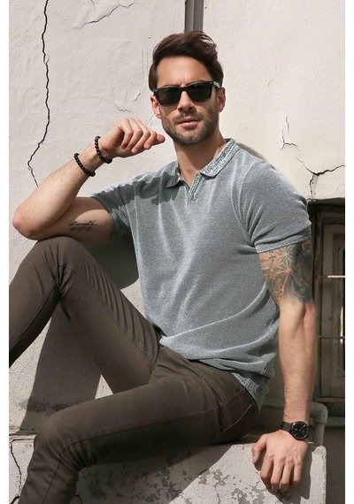 Ferraro Yeşil/Ekru Kuşgözü Desenli Polo Yaka Erkek Triko T-Shirt-Yeşil