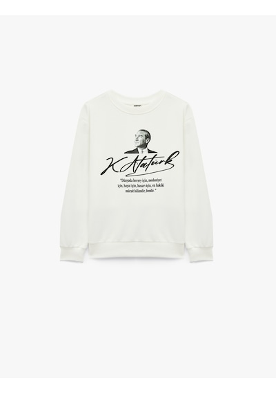 Koton Atatürk Baskılı Uzun Kollu Bisiklet Yaka Pamuklu Sweatshirt Ekru 7wkg10705ak
