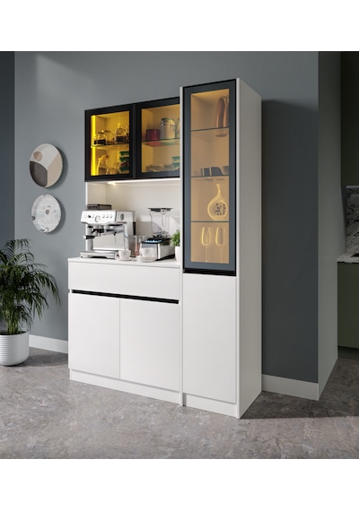 Lotus Midi Sağ Vitrinli Kahve Köşesi Komple Mdf Led Mutfak Dolabı Beyaz