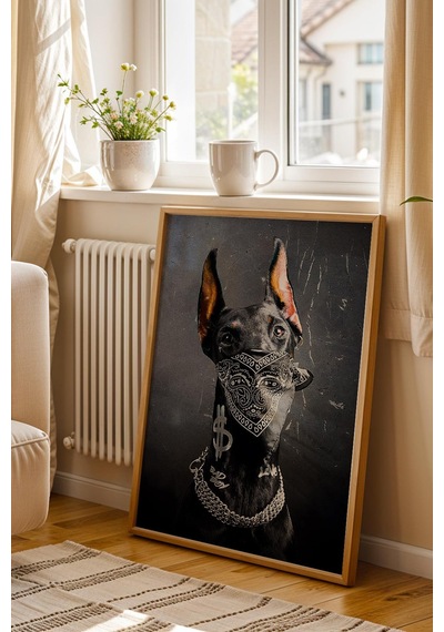 Bad Dog Çerçeveli Tablo Bandanalı Gangster Doberman Köpek Hip-hop Hayranlarına Hediye Modifiye Sanat