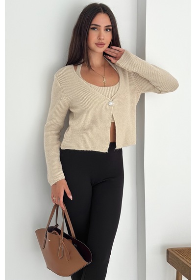 Noa & Noa Kadın Örgü Crop Top & Hırka Takımı Yumuşak & Minimal Stil Bej