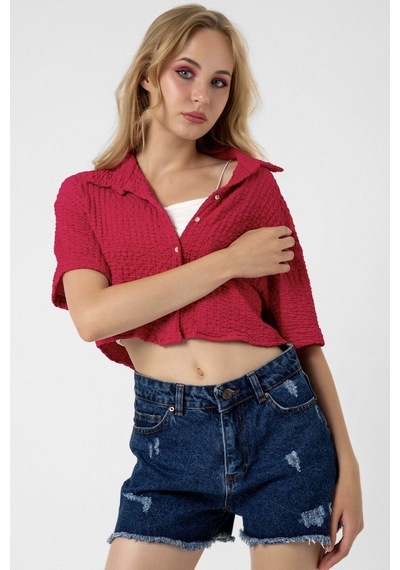 Bbbutikbasic Bürümcük Cepli Crop Gömlek Fuşya