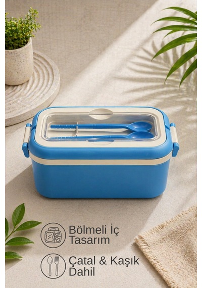 Lunchbox Kaşık & Çatal Dahil - Kilitli Kapaklı - Taşıma Saplı - 3 Bölmeli Mavi