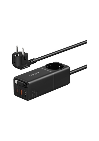 Masaüstü Priz Hızlı Şarj İstasyonu 75w Gan 4000w Ac Dahili Usb-c Kablo 3 X Usb Pd Pps X6412 Siyah