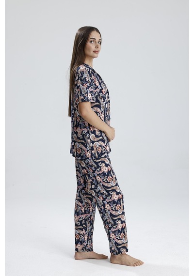 Kompedan Kadın Önden Düğmeli Şal Desen Pijama Takım Şal Dsn2