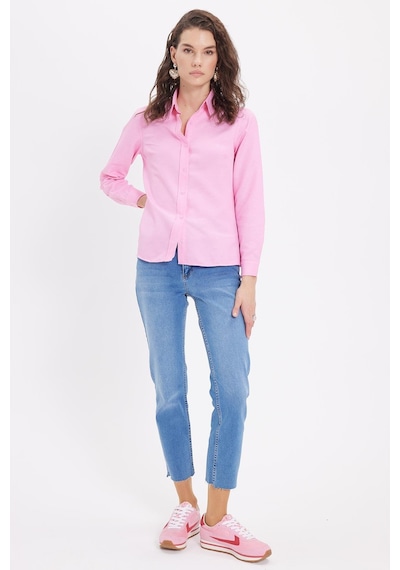 Tudors Kadın Slim Fit Dar Kesim Uzun Kollu Pamuklu Vücuda Oturan Dokulu Pembe Basic Gömlek-38815 Pembe