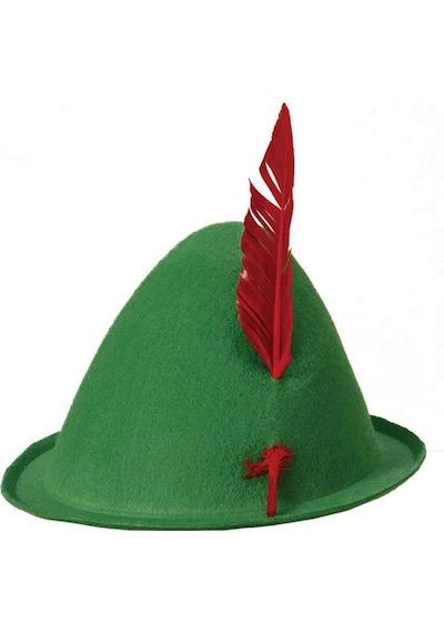 Yeşil Renk Kırmızı Tüylü Peter Pan Şapkası Robin Hood Şapkası 24x23 Cm Açık Mavi