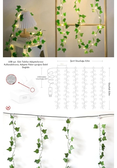 2.5x2.5m Led Perde Işık 250 Led 10 Saçak Yapay Sarmaşık Desenli Usb Kumandalı Dekoratif Aydınlatma Sarı