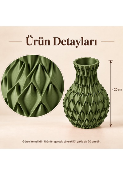 Yaprak Kabartmalı Dekoratif Vazo 20 Cm Kuru Çiçek Ve Pampas Vazosu Haki