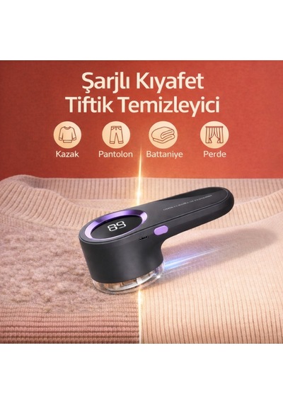 Polham Şarjlı Kıyafet Tiftik Temizleyici Dijital Ekranlı, Güçlü Motor,altı Bıçaklı Paslanmaz Çelik Siyah