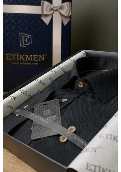 Siyah Kahve Düğmeli Slimfit Hediye Kutulu Erkek Gömlek Siyah