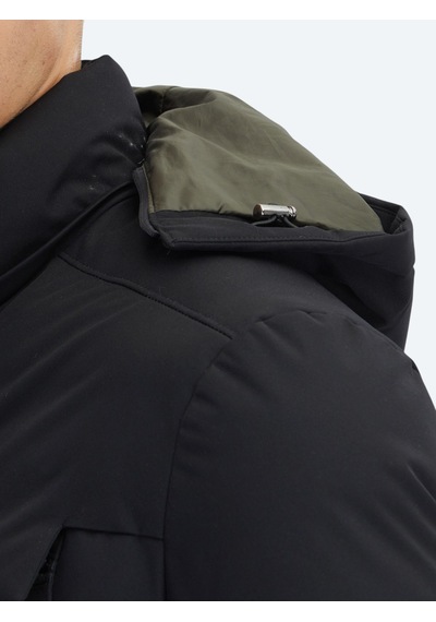 Kip Siyah Regular Fit Kapüşonlu Casual Dokuma Kaban Siyah -