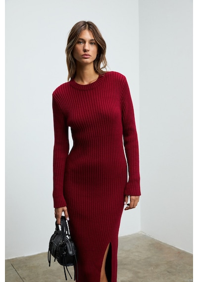 Grımelange Soreya Kadın Yuvarlak Yaka Çizgi Desenli Yırtmaçlı Slim Fit Triko Bordo Elbise Bordo