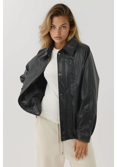 Hiccup Cep Detaylı Oversized Suni Deri Ceket Siyah