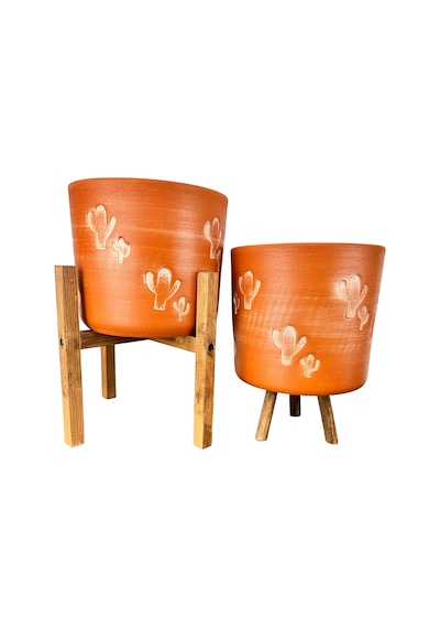 Bitki Tasarımı Ev Dekorasyon Aksesuar Kaktüs Desenli Toprak Saksı Saksılık Salon Çiçeklik İkili Set 3 Ayaklı- 4 Ayaklı- 19 Cm