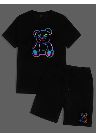 Hırsch Unisex Siyah T-shirt Siyah Şort Alt Üst Ayı Baskılı Takım Siyah