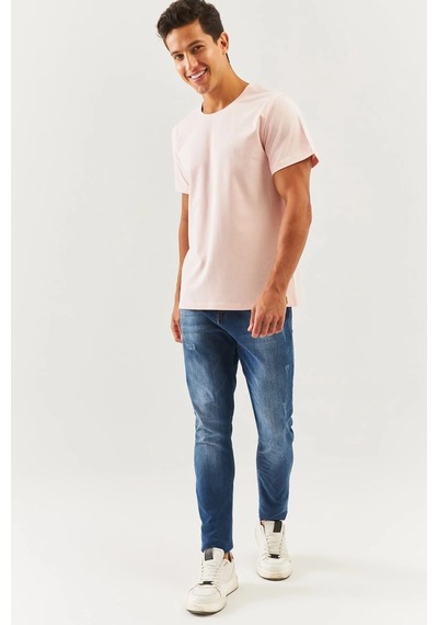 Erkek Oversize Rahat %100 Pamuklu Penye Bisiklet Yaka Kısa Kol Basic T-shirt Pudra