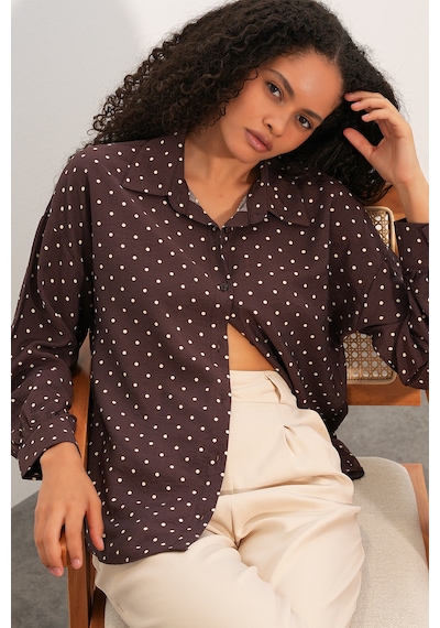 Bigdart Kadın Oversize Puantiyeli Gömlek 20392 - Kahverengi