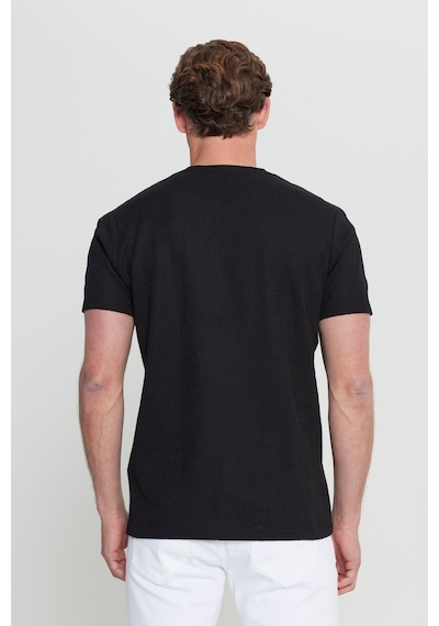 AC&Co / Altınyıldız Classics Erkek Sıyah Pamuklu Slim Fit Dar Kesim Bisiklet Yaka Jakarlı Esnek Tişört Siyah