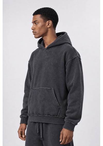 Respire Erkek Pis Dikiş Detaylı Yıkamalı Basic Oversize Hoodie Siyah