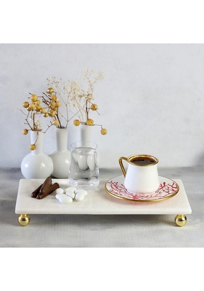 Akayev Mermer Beyaz 30x15 Cm Altın Boncuk Ayaklı Sunum Tabağı Çok Renkli