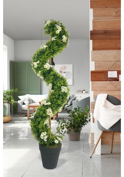 Yapay Ağaç Doğal Papatyalı Spiral Şimşir Ağacı 160cm Bambu Saplı Salon Bitkisi