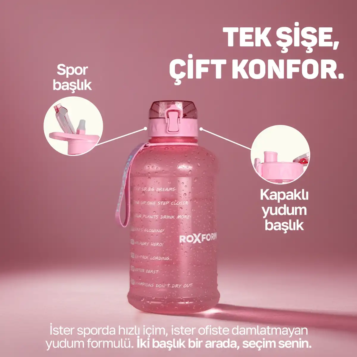 Roxform Suluk Matara 2200 Ml, Premium Pp Malzeme, Sağlıklı Bpa & Bps İçermez, Kılıflı, Çift Kapaklı, Krem Kılıf, Pembe Krem