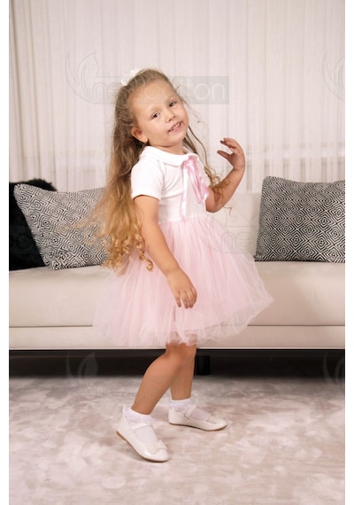 Kız Çocuk Bebe Yaka Kısa Kollu Astarlı Tüllü Elbise Kısa-pembe Pembe