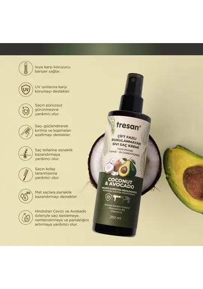 Hindistan Cevizi &amp Avokado Onarıcı Çift Fazlı Durulanmayan Sıvı Saç Kremi Isı Korumalı 250 Ml