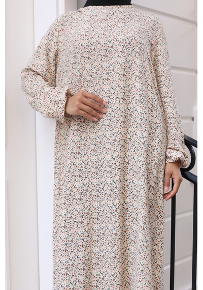 Nevayla Moda Çiçek Desenli Viskon Elbise - Bej / E0128 Bej