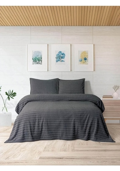 Merinos Modern Line Twist 3 Parça Çift Kişilik Battaniye Seti - A Antrasit