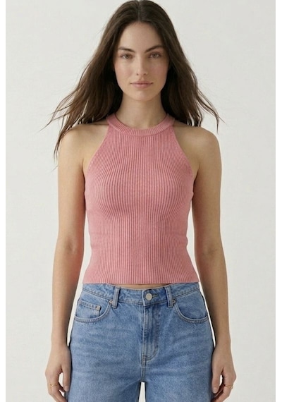 Neden Tekstil Kadın Fitilli Halter Yaka Crop Bluz - Pembe