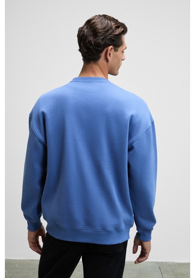 Grimelange Ernest Erkek Organik Pamuklu Yumuşacık Baskı Detaylı Bisiklet Yaka İçi Polarlı Açık Mavi Sweatshirt