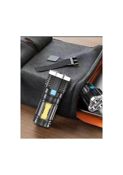 Ultra Parlak El Feneri Usb Şarj 4 Led+yan Cob Led Taktik Günlük Hayat Kamp Avcılık El Feneri Siyah