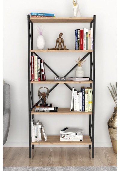 Dekoratif 5 Raflı Kitaplık Metal Kitaplık Çam