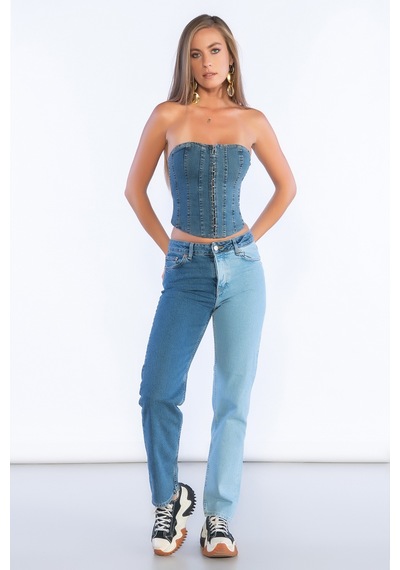 Mavi Yüksek Bel Çift Renk Detaylı Mom Jeans-mavi Mavi