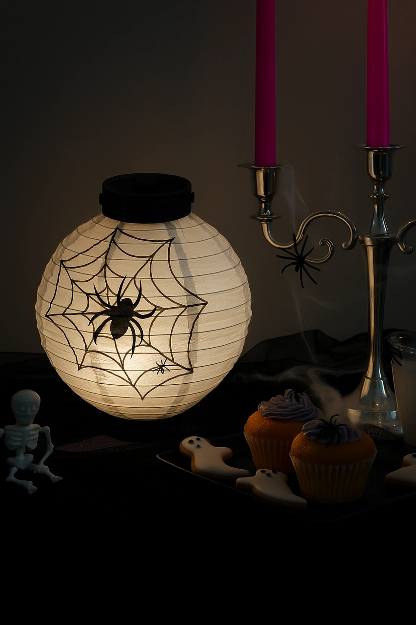 Halloween Cadılar Bayramı Japon Feneri Pilli 20 Cm Beyaz Örümcek Desenli Korku Aksesuarı Diğer