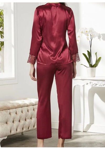 Pierre Cardin 6625 Saten Sabahlık Pijama Gecelik 6 Lı Takım Bordo
