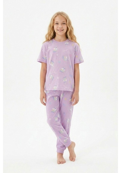 Zuzunga Unicorn Desenli Kısa Kollu Pamuk Kız Çocuğu Pijama Takımı Lila